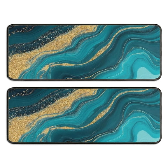 Kitchen Rugs Sets Of 2,Teal Gold Wave Marble Pattern Anti Fatigue Kitchen Mat Rugs Non Slip Washable,Decorative Kitchen Floor Mats for Kitchen,Sink,Laundry,17"x47"+17"x47"