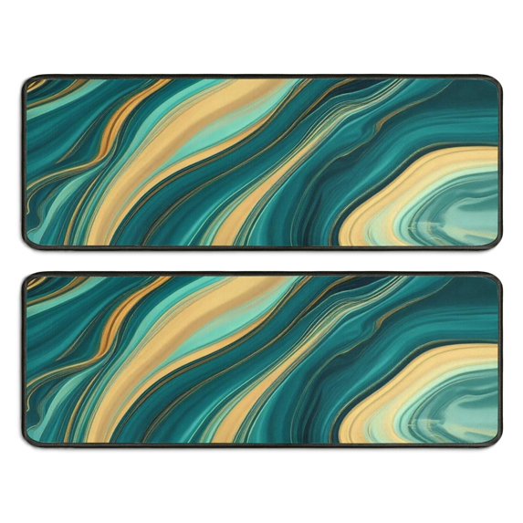 Kitchen Rugs Sets Of 2,Teal Gold Wave Marble Pattern Anti Fatigue Kitchen Mat Rugs Non Slip Washable,Decorative Kitchen Floor Mats for Kitchen,Sink,Laundry,17"x47"+17"x47"