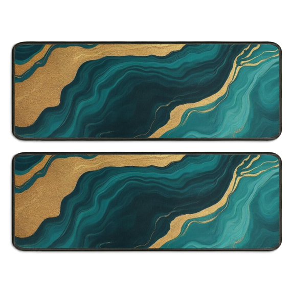Kitchen Rugs Sets Of 2,Teal Marble Gold Line Pattern Anti Fatigue Kitchen Mat Rugs Non Slip Washable,Decorative Kitchen Floor Mats for Kitchen,Sink,Laundry,17"x47"+17"x47"