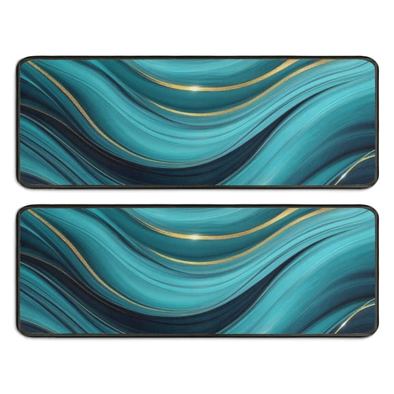 Kitchen Rugs Sets Of 2,Teal Marble Gold Wave Pattern Anti Fatigue Kitchen Mat Rugs Non Slip Washable,Decorative Kitchen Floor Mats for Kitchen,Sink,Laundry,17"x47"+17"x47"