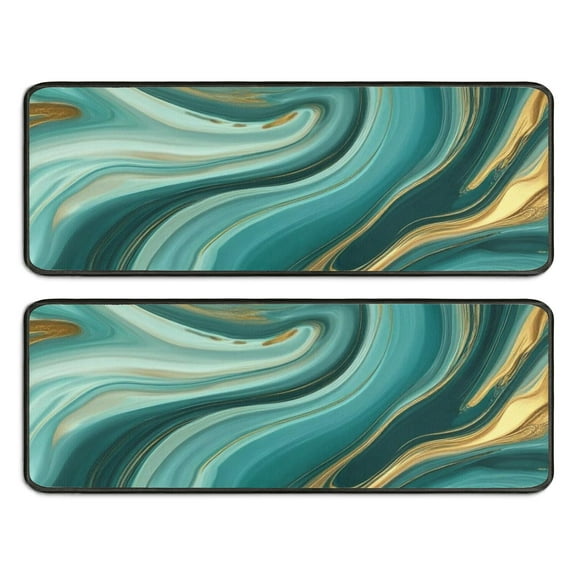 Kitchen Rugs Sets Of 2,Teal Marble Gold Wave Pattern Anti Fatigue Kitchen Mat Rugs Non Slip Washable,Decorative Kitchen Floor Mats for Kitchen,Sink,Laundry,17"x47"+17"x47"