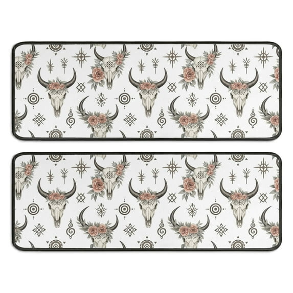 Kitchen Rugs Sets Of 2,White Buffalo Skull Flower Geometric Pattern Anti Fatigue Kitchen Mat Rugs Non Slip Washable,Decorative Kitchen Floor Mats for Kitchen,Sink,Laundry,17"x47"+17"x47"