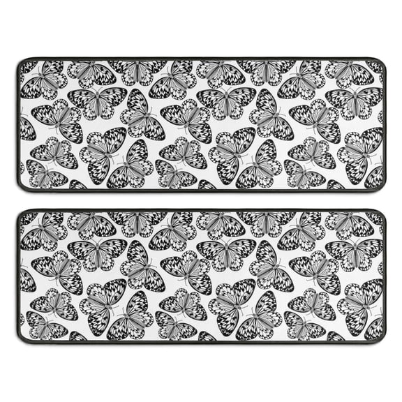 Kitchen Rugs Sets Of 2,White Butterfly Black Pattern Anti Fatigue Kitchen Mat Rugs Non Slip Washable,Decorative Kitchen Floor Mats for Kitchen,Sink,Laundry,17"x47"+17"x47"