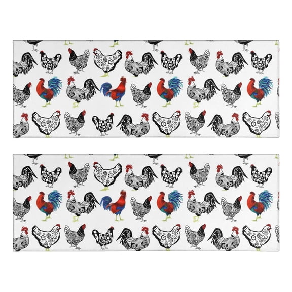Kitchen Rugs Sets Of 2,White Chicken Folk Pattern Anti Fatigue Kitchen Mat Rugs Non Slip Washable,Decorative Kitchen Floor Mats for Kitchen,Sink,Laundry,17"X47"