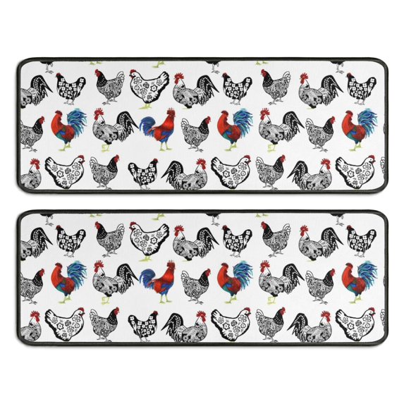 Kitchen Rugs Sets Of 2,White Chicken Folk Pattern Anti Fatigue Kitchen Mat Rugs Non Slip Washable,Decorative Kitchen Floor Mats for Kitchen,Sink,Laundry,17"x47"+17"x47"