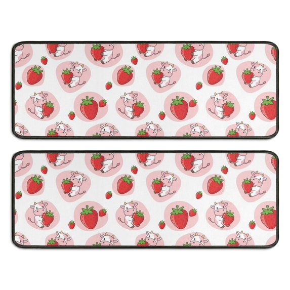 Kitchen Rugs Sets Of 2,White Cow Strawberry Love Pattern Anti Fatigue Kitchen Mat Rugs Non Slip Washable,Decorative Kitchen Floor Mats for Kitchen,Sink,Laundry,17"x47"+17"x47"