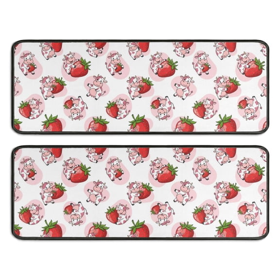 Kitchen Rugs Sets Of 2,White Cow Strawberry Pattern Anti Fatigue Kitchen Mat Rugs Non Slip Washable,Decorative Kitchen Floor Mats for Kitchen,Sink,Laundry,17"x47"+17"x47"