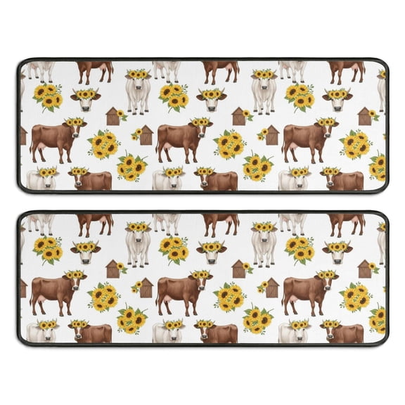 Kitchen Rugs Sets Of 2,White Cow Sunflower Pattern Anti Fatigue Kitchen Mat Rugs Non Slip Washable,Decorative Kitchen Floor Mats for Kitchen,Sink,Laundry,17"x47"+17"x47"