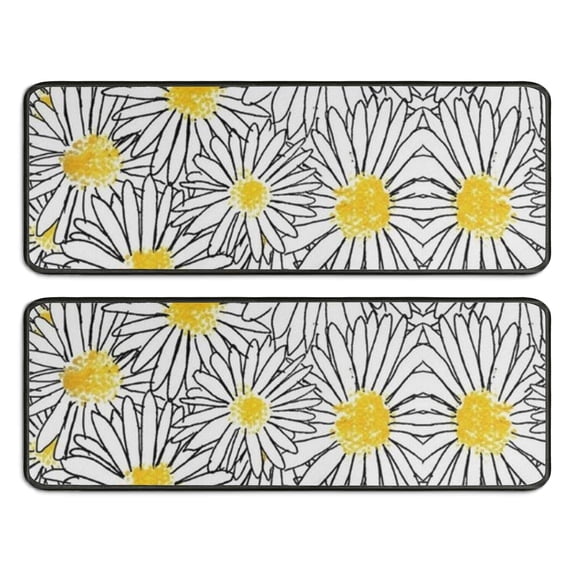 Kitchen Rugs Sets Of 2,White Daisy Flower Black Lines Pattern Anti Fatigue Kitchen Mat Rugs Non Slip Washable,Decorative Kitchen Floor Mats for Kitchen,Sink,Laundry,17"x47"+17"x47"
