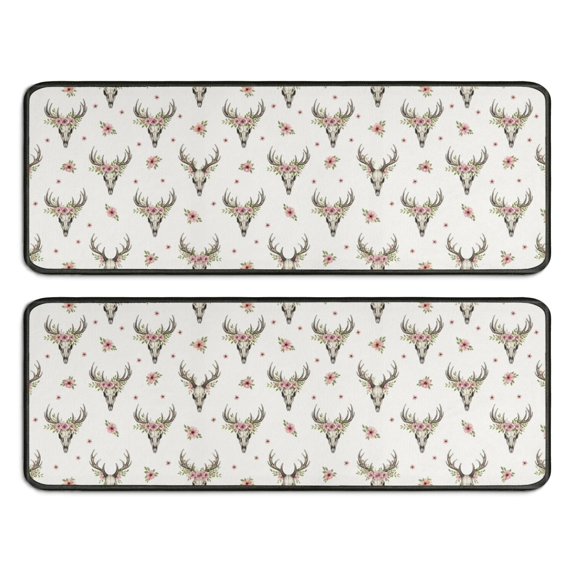 Kitchen Rugs Sets Of 2,White Deer Skull Flower Pattern Anti Fatigue Kitchen Mat Rugs Non Slip Washable,Decorative Kitchen Floor Mats for Kitchen,Sink,Laundry,17"x47"+17"x47"