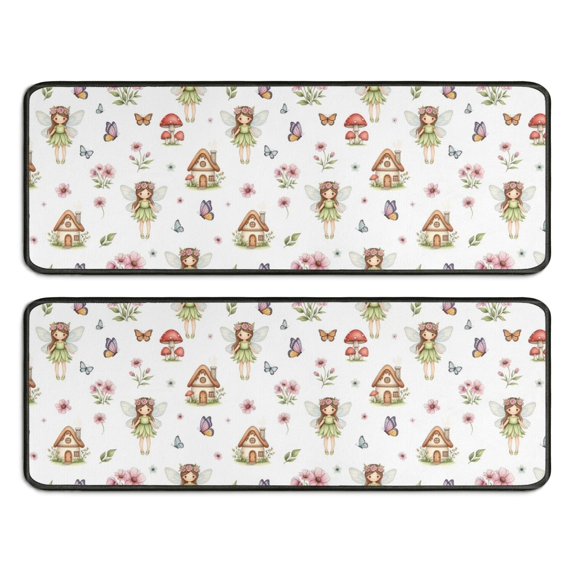 Kitchen Rugs Sets Of 2,White Fairy Cottage Princess Pattern Anti Fatigue Kitchen Mat Rugs Non Slip Washable,Decorative Kitchen Floor Mats for Kitchen,Sink,Laundry,17"x47"+17"x47"