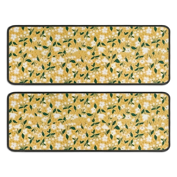Kitchen Rugs Sets Of 2,White Flower Leaves Yellow Pattern Anti Fatigue Kitchen Mat Rugs Non Slip Washable,Decorative Kitchen Floor Mats for Kitchen,Sink,Laundry,17"x47"+17"x47"