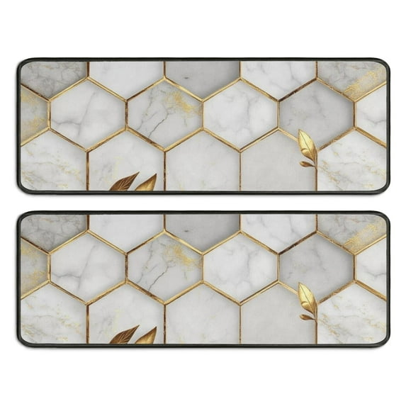 Kitchen Rugs Sets Of 2,White Gray Gold Leaf Marble Pattern Anti Fatigue Kitchen Mat Rugs Non Slip Washable,Decorative Kitchen Floor Mats for Kitchen,Sink,Laundry,17"x47"+17"x47"