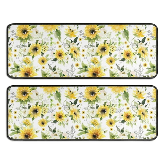 Kitchen Rugs Sets Of 2,White Green Leaf Sunflower Pattern Anti Fatigue Kitchen Mat Rugs Non Slip Washable,Decorative Kitchen Floor Mats for Kitchen,Sink,Laundry,17"x47"+17"x47"