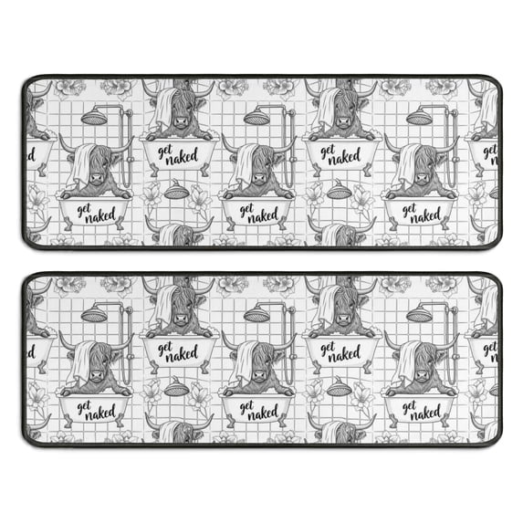 Kitchen Rugs Sets Of 2,White Highland Cow Bathtub Flower Pattern Anti Fatigue Kitchen Mat Rugs Non Slip Washable,Decorative Kitchen Floor Mats for Kitchen,Sink,Laundry,17"x47"+17"x47"