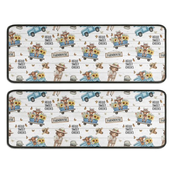Kitchen Rugs Sets Of 2,White Highland Cow Blue Truck Pattern Anti Fatigue Kitchen Mat Rugs Non Slip Washable,Decorative Kitchen Floor Mats for Kitchen,Sink,Laundry,17"x47"+17"x47"