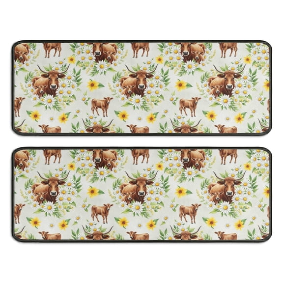 Kitchen Rugs Sets Of 2,White Highland Cow Daisy Flower Pattern Anti Fatigue Kitchen Mat Rugs Non Slip Washable,Decorative Kitchen Floor Mats for Kitchen,Sink,Laundry,17"x47"+17"x47"