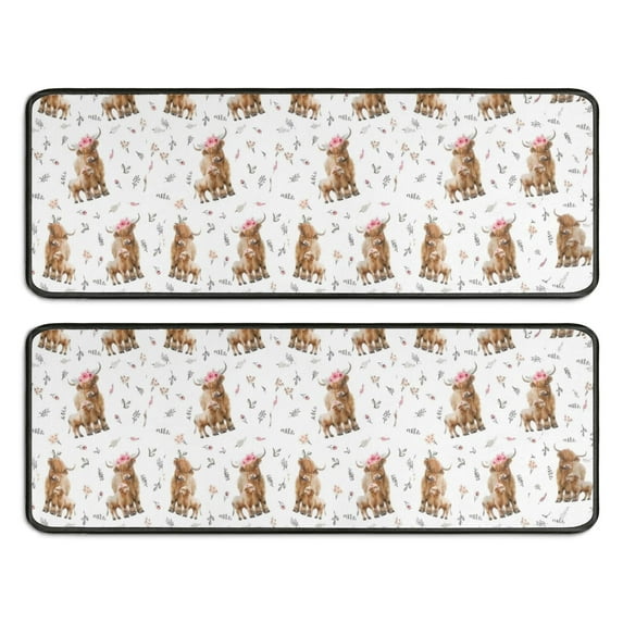 Kitchen Rugs Sets Of 2,White Highland Cow Floral Pattern Anti Fatigue Kitchen Mat Rugs Non Slip Washable,Decorative Kitchen Floor Mats for Kitchen,Sink,Laundry,17"x47"+17"x47"