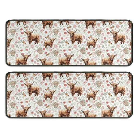 Kitchen Rugs Sets Of 2,White Highland Cow Flower Butterfly Pattern Anti Fatigue Kitchen Mat Rugs Non Slip Washable,Decorative Kitchen Floor Mats for Kitchen,Sink,Laundry,17"x47"+17"x47"