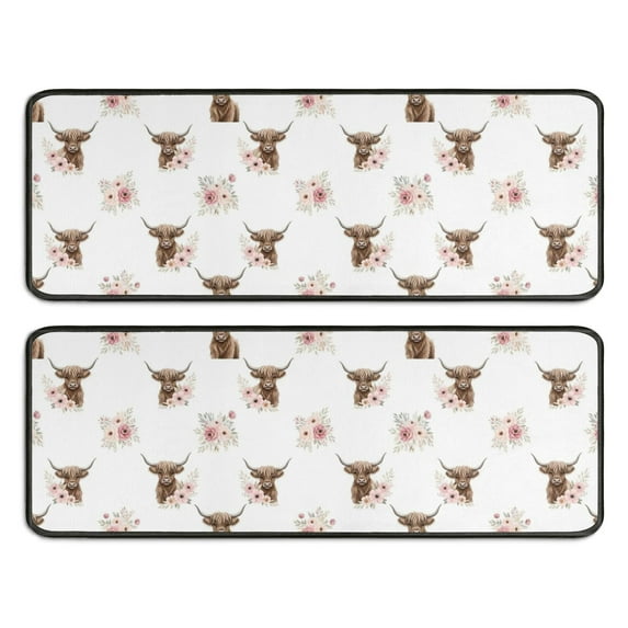 Kitchen Rugs Sets Of 2,White Highland Cow Flower Pattern Anti Fatigue Kitchen Mat Rugs Non Slip Washable,Decorative Kitchen Floor Mats for Kitchen,Sink,Laundry,17"x47"+17"x47"