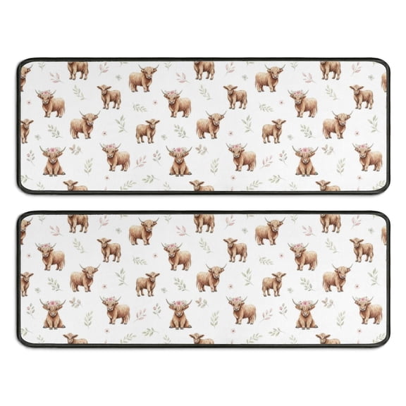 Kitchen Rugs Sets Of 2,White Highland Cow Flower Pattern Anti Fatigue Kitchen Mat Rugs Non Slip Washable,Decorative Kitchen Floor Mats for Kitchen,Sink,Laundry,17"x47"+17"x47"
