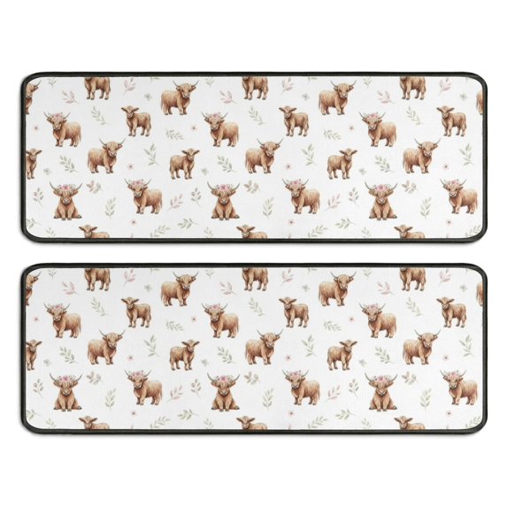Kitchen Rugs Sets Of 2,White Highland Cow Flower Pattern Anti Fatigue Kitchen Mat Rugs Non Slip Washable,Decorative Kitchen Floor Mats for Kitchen,Sink,Laundry,17"x47"+17"x47"