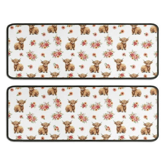 Kitchen Rugs Sets Of 2,White Highland Cow Flower Pattern Anti Fatigue Kitchen Mat Rugs Non Slip Washable,Decorative Kitchen Floor Mats for Kitchen,Sink,Laundry,17"x47"+17"x47"