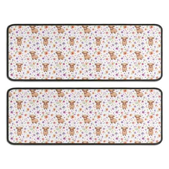 Kitchen Rugs Sets Of 2,White Highland Cow Flower Pattern Anti Fatigue Kitchen Mat Rugs Non Slip Washable,Decorative Kitchen Floor Mats for Kitchen,Sink,Laundry,17"x47"+17"x47"