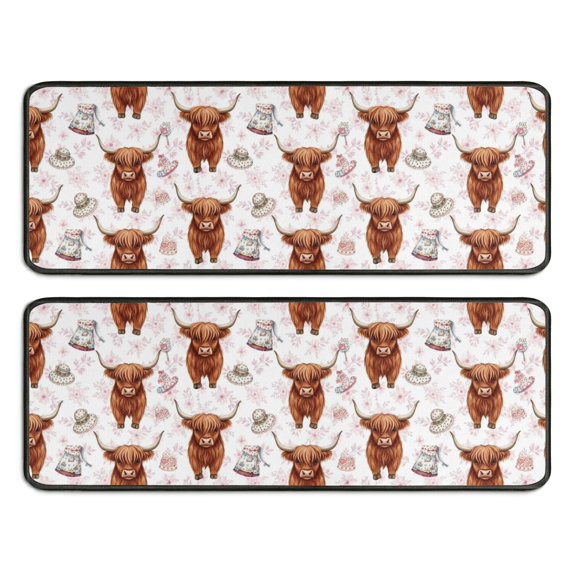 Kitchen Rugs Sets Of 2,White Highland Cow Hat Dress Pattern Anti Fatigue Kitchen Mat Rugs Non Slip Washable,Decorative Kitchen Floor Mats for Kitchen,Sink,Laundry,17"x47"+17"x47"