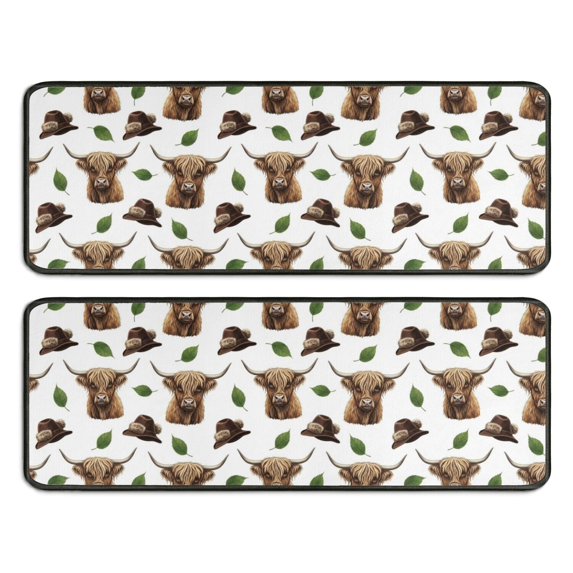 Kitchen Rugs Sets Of 2,White Highland Cow Hat Leaf Pattern Anti Fatigue Kitchen Mat Rugs Non Slip Washable,Decorative Kitchen Floor Mats for Kitchen,Sink,Laundry,17"x47"+17"x47"