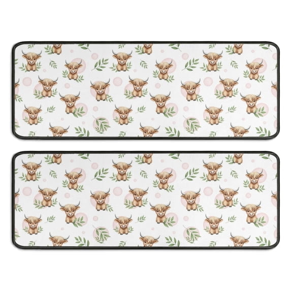 Kitchen Rugs Sets Of 2,White Highland Cow Leaf Pattern Anti Fatigue Kitchen Mat Rugs Non Slip Washable,Decorative Kitchen Floor Mats for Kitchen,Sink,Laundry,17"x47"+17"x47"