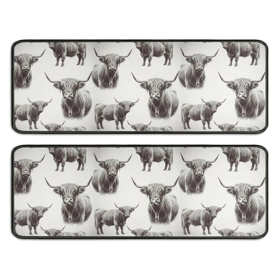 Kitchen Rugs Sets Of 2,White Highland Cow Sketch Pattern Anti Fatigue Kitchen Mat Rugs Non Slip Washable,Decorative Kitchen Floor Mats for Kitchen,Sink,Laundry,17"x47"+17"x47"