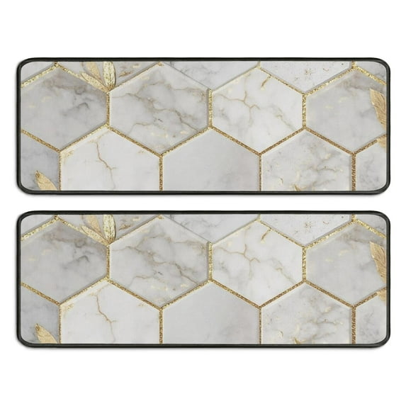 Kitchen Rugs Sets Of 2,White Marble Gold Leaf Hexagon Pattern Anti Fatigue Kitchen Mat Rugs Non Slip Washable,Decorative Kitchen Floor Mats for Kitchen,Sink,Laundry,17"x47"+17"x47"