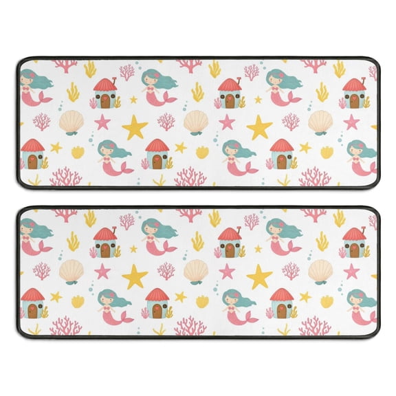 Kitchen Rugs Sets Of 2,White Mermaid Pattern Anti Fatigue Kitchen Mat Rugs Non Slip Washable,Decorative Kitchen Floor Mats for Kitchen,Sink,Laundry,17"x47"+17"x47"