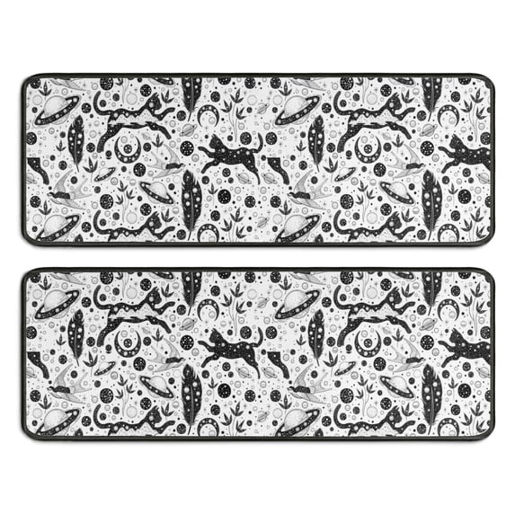 Kitchen Rugs Sets Of 2,White Planet Cat Feather Pattern Anti Fatigue Kitchen Mat Rugs Non Slip Washable,Decorative Kitchen Floor Mats for Kitchen,Sink,Laundry,17"x47"+17"x47"