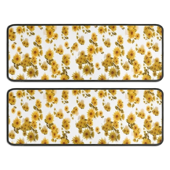 Kitchen Rugs Sets Of 2,White Yellow Flower Sunflower Pattern Anti Fatigue Kitchen Mat Rugs Non Slip Washable,Decorative Kitchen Floor Mats for Kitchen,Sink,Laundry,17"x47"+17"x47"