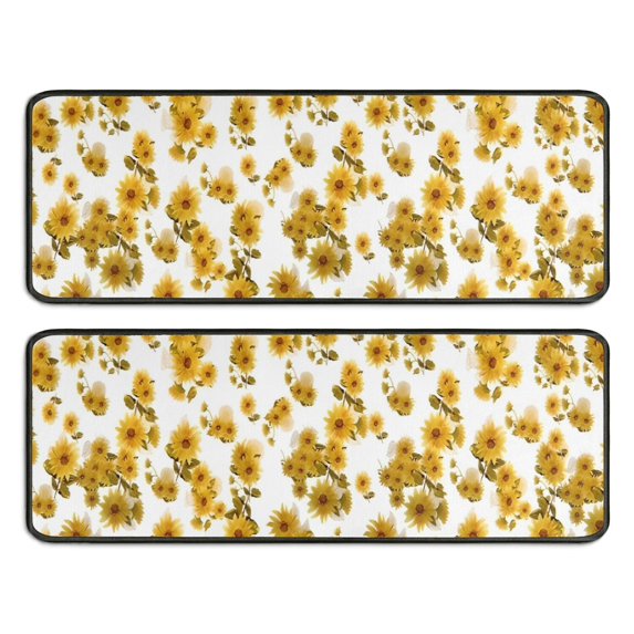 Kitchen Rugs Sets Of 2,White Yellow Flower Sunflower Pattern Anti Fatigue Kitchen Mat Rugs Non Slip Washable,Decorative Kitchen Floor Mats for Kitchen,Sink,Laundry,17"x47"+17"x47"