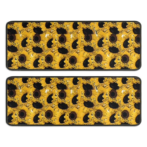 Kitchen Rugs Sets Of 2,Yellow Black Sunflower Pattern Anti Fatigue Kitchen Mat Rugs Non Slip Washable,Decorative Kitchen Floor Mats for Kitchen,Sink,Laundry,17"x47"+17"x47"