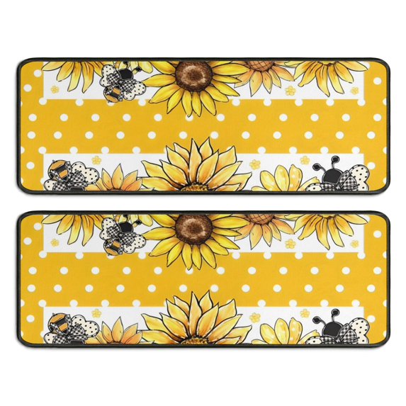 Kitchen Rugs Sets Of 2,Yellow Dot Sunflower Bee Pattern Anti Fatigue Kitchen Mat Rugs Non Slip Washable,Decorative Kitchen Floor Mats for Kitchen,Sink,Laundry,17"x47"+17"x47"