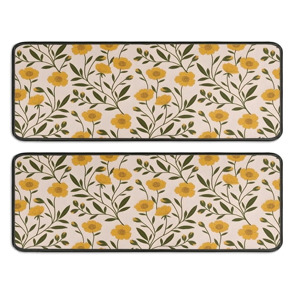 Kitchen Rugs Sets Of 2,Yellow Green Leaf Flower Pattern Anti Fatigue Kitchen Mat Rugs Non Slip Washable,Decorative Kitchen Floor Mats for Kitchen,Sink,Laundry,17"x47"+17"x47"