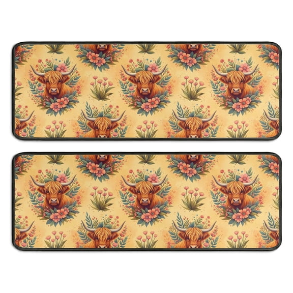 Kitchen Rugs Sets Of 2,Yellow Highland Cow Flower Pattern Anti Fatigue Kitchen Mat Rugs Non Slip Washable,Decorative Kitchen Floor Mats for Kitchen,Sink,Laundry,17"x47"+17"x47"