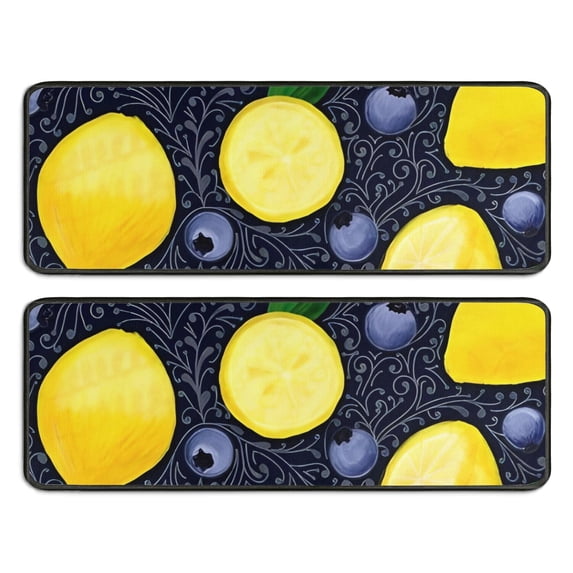 Kitchen Rugs Sets Of 2,Yellow Lemon Blueberries DarkBlue Pattern Anti Fatigue Kitchen Mat Rugs Non Slip Washable,Decorative Kitchen Floor Mats for Kitchen,Sink,Laundry,17"x47"+17"x47"