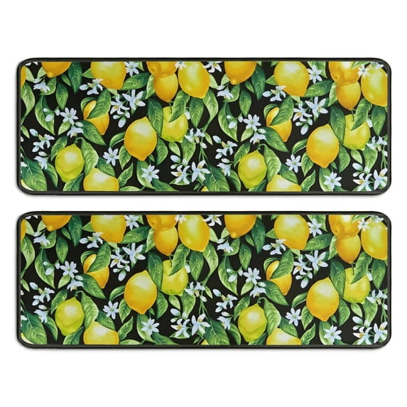 Kitchen Rugs Sets Of 2,Yellow Lemon Flowers Black Pattern Anti Fatigue Kitchen Mat Rugs Non Slip Washable,Decorative Kitchen Floor Mats for Kitchen,Sink,Laundry,17"x47"+17"x47"