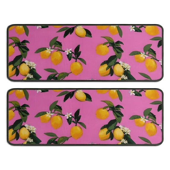Kitchen Rugs Sets Of 2,Yellow Lemon Flowers Pink Pattern Anti Fatigue Kitchen Mat Rugs Non Slip Washable,Decorative Kitchen Floor Mats for Kitchen,Sink,Laundry,17"x47"+17"x47"