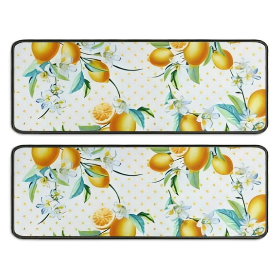 Kitchen Rugs Sets Of 2,Yellow Lemon Flowers White Pattern Anti Fatigue Kitchen Mat Rugs Non Slip Washable,Decorative Kitchen Floor Mats for Kitchen,Sink,Laundry,17"x47"+17"x47"