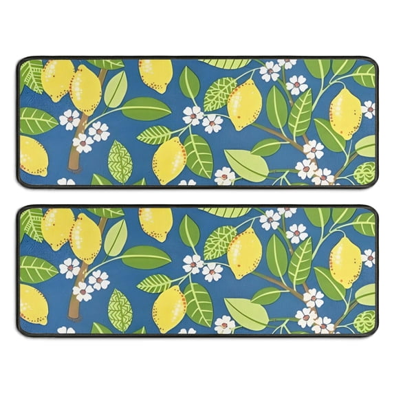 Kitchen Rugs Sets Of 2,Yellow Lemon Fruit Flowers Blue Pattern Anti Fatigue Kitchen Mat Rugs Non Slip Washable,Decorative Kitchen Floor Mats for Kitchen,Sink,Laundry,17"x47"+17"x47"
