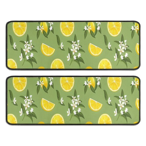 Kitchen Rugs Sets Of 2,Yellow Lemon Fruit Flowers Green Pattern Anti Fatigue Kitchen Mat Rugs Non Slip Washable,Decorative Kitchen Floor Mats for Kitchen,Sink,Laundry,17"x47"+17"x47"