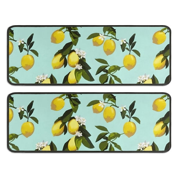 Kitchen Rugs Sets Of 2,Yellow Lemon Fruit Flowers LightBlue Pattern Anti Fatigue Kitchen Mat Rugs Non Slip Washable,Decorative Kitchen Floor Mats for Kitchen,Sink,Laundry,17"x47"+17"x47"
