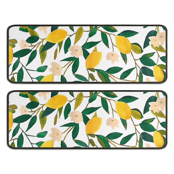 Kitchen Rugs Sets Of 2,Yellow Lemon Fruit Flowers White Pattern Anti Fatigue Kitchen Mat Rugs Non Slip Washable,Decorative Kitchen Floor Mats for Kitchen,Sink,Laundry,17"x47"+17"x47"