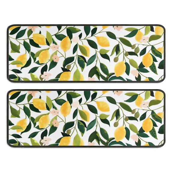 Kitchen Rugs Sets Of 2,Yellow Lemon Fruit Flowers White Pattern Anti Fatigue Kitchen Mat Rugs Non Slip Washable,Decorative Kitchen Floor Mats for Kitchen,Sink,Laundry,17"x47"+17"x47"